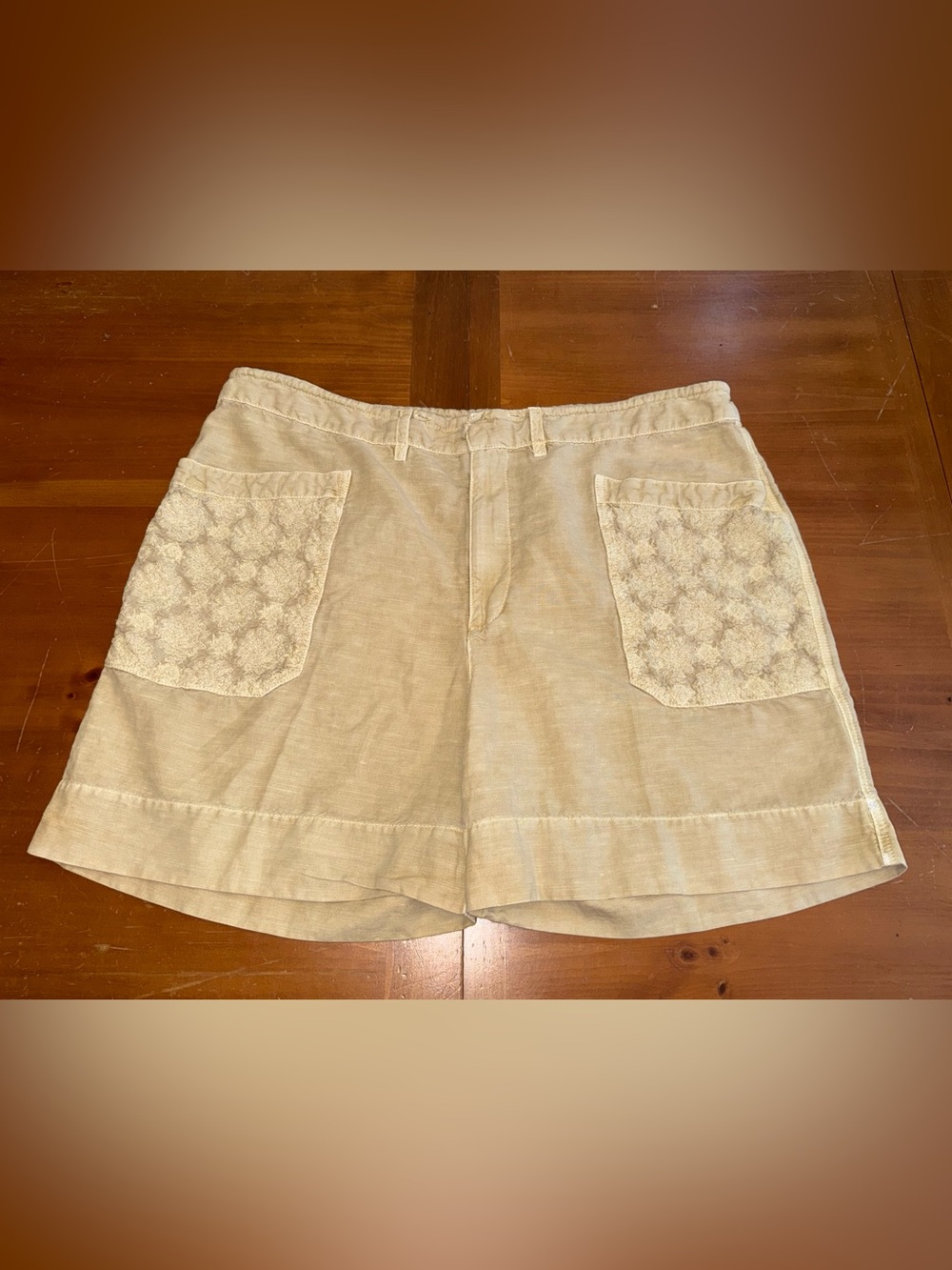 Sundance Linen Embroidery Beige Shorts XL Casual Comfy Pockets Euro Vacation